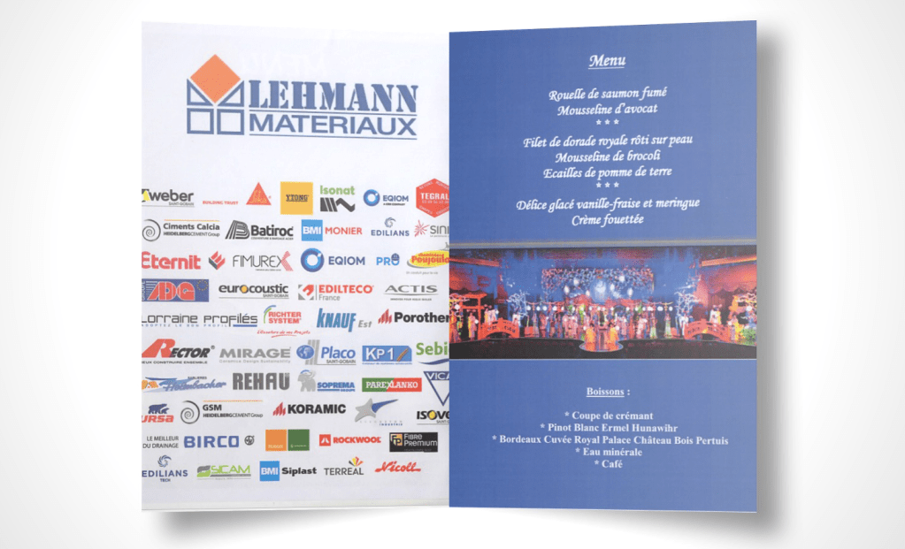 Intérieur du menu préparé pour le gala de fin d'année au Royal Palace de Kirrwiller