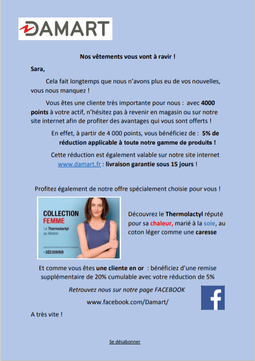 Newsletter que nous avions créé pour reconquérir une cliente inactive dans le domaine des sous-vêtements