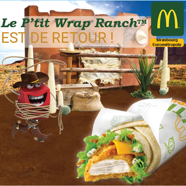 Idée de post Facebook pour annoncer le retour du P'tit Wrap Ranch TM avec un décor de western